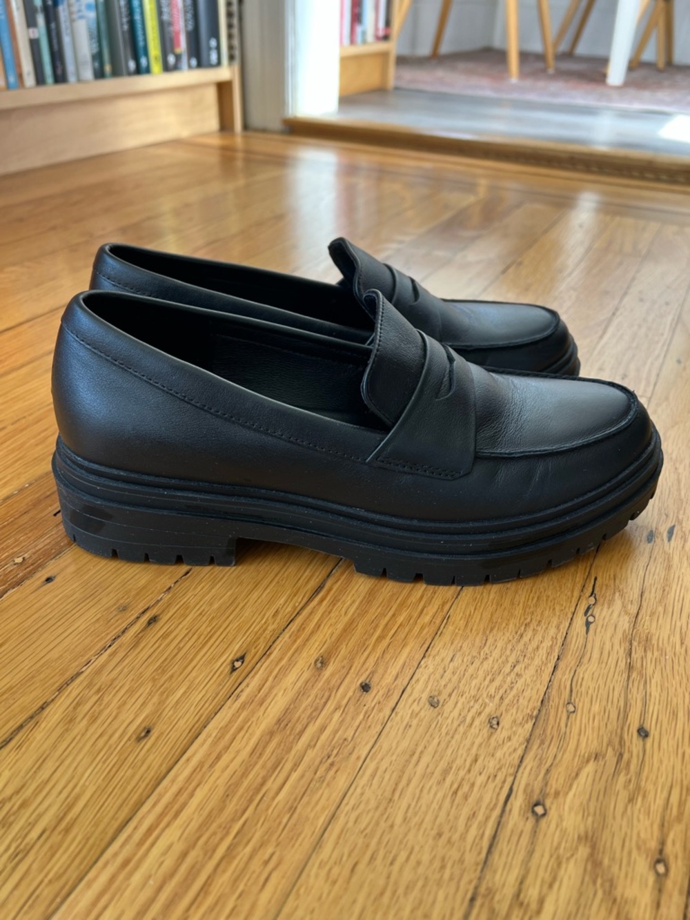 Quince Black Lug Sole Leather Penny Loafers
